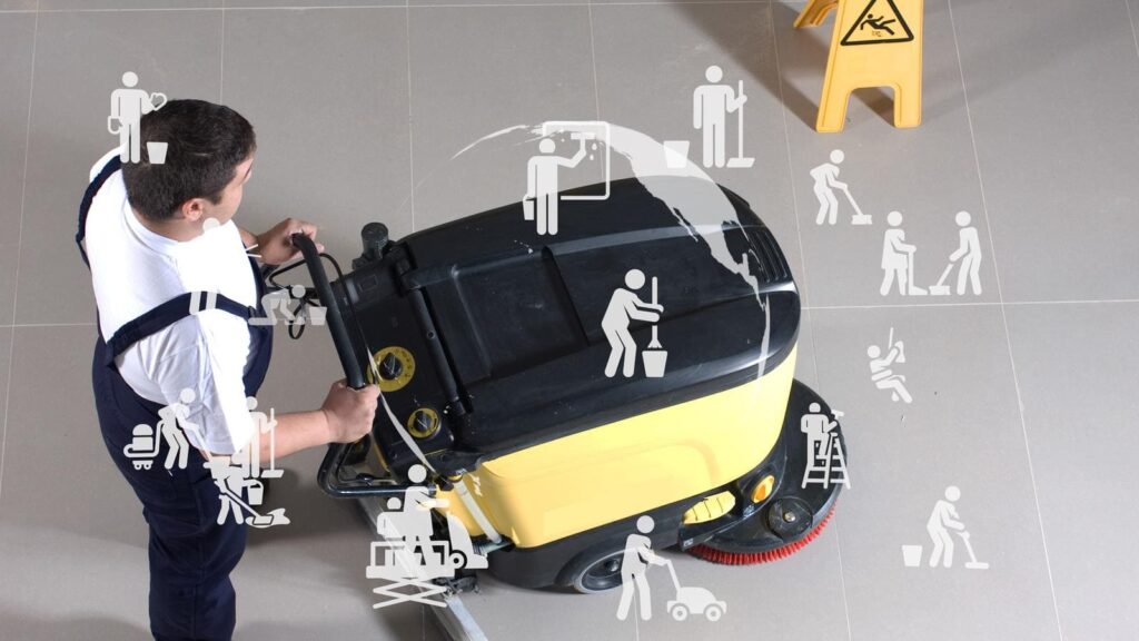 man cleaning a floor with a machine